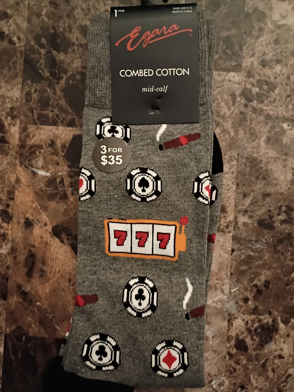 Egara Gray Poker Chip Crew Socks with Black Toe and Red Accent